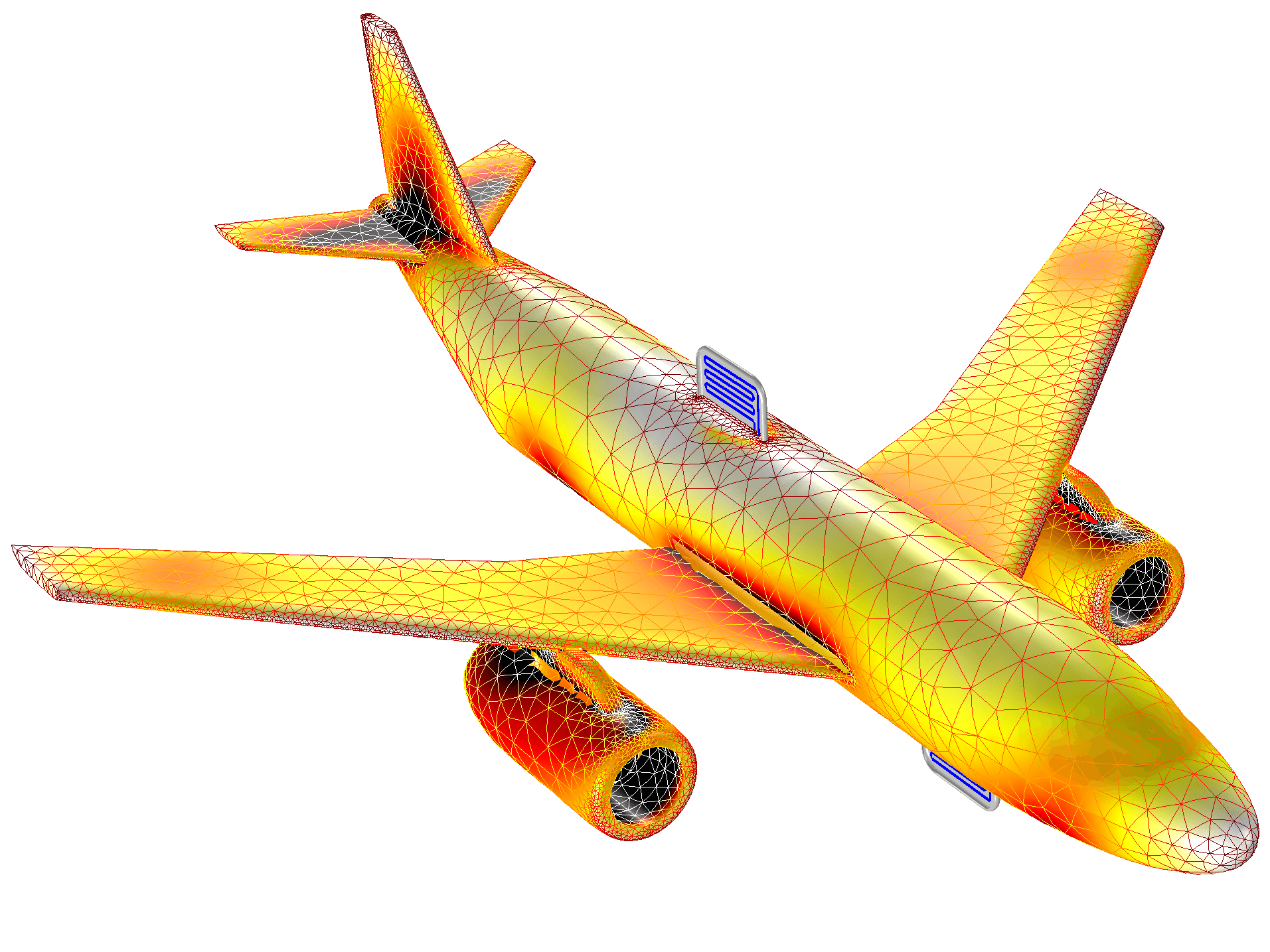 La amplitud del campo eléctrico en la superficie del avión. La antena en la parte superior del aeroplano es la antena transmisora, mientras que la antena receptora está en la parte inferior.