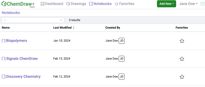 Notebooks view ChemDraw