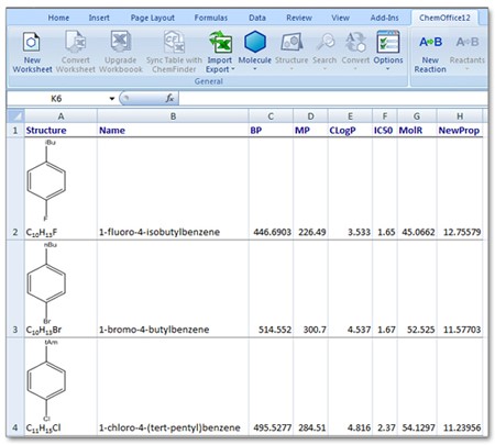 Diagrama de ChemDraw para Excel con estructuras químicas derivadas del mismo archivo SD utilizado en la figura anterior