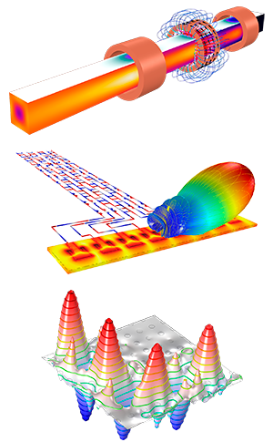 Ejemplos de modelado electromagnético con AC/DC, RF y Wave Optics (de arriba hacia abajo)